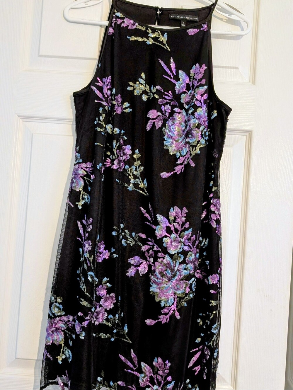 White House Black Market Black Mini Dress with Purple & Blue Floral Sequins